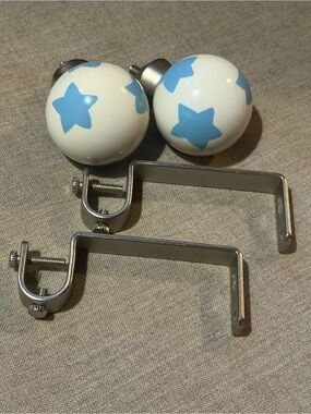 Vintage Pottery Barn Kids Blue Star Ceramic Curtain Finials w/ Brackets Nursery
